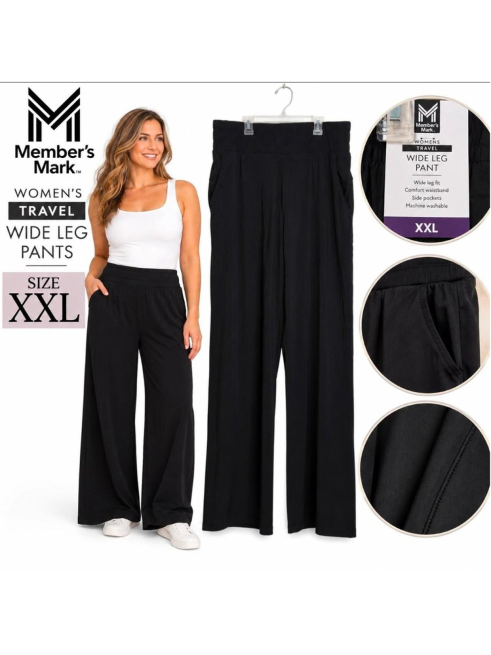 Member's Mark Women’s Travel Wide Leg Pants Black XXL NWT